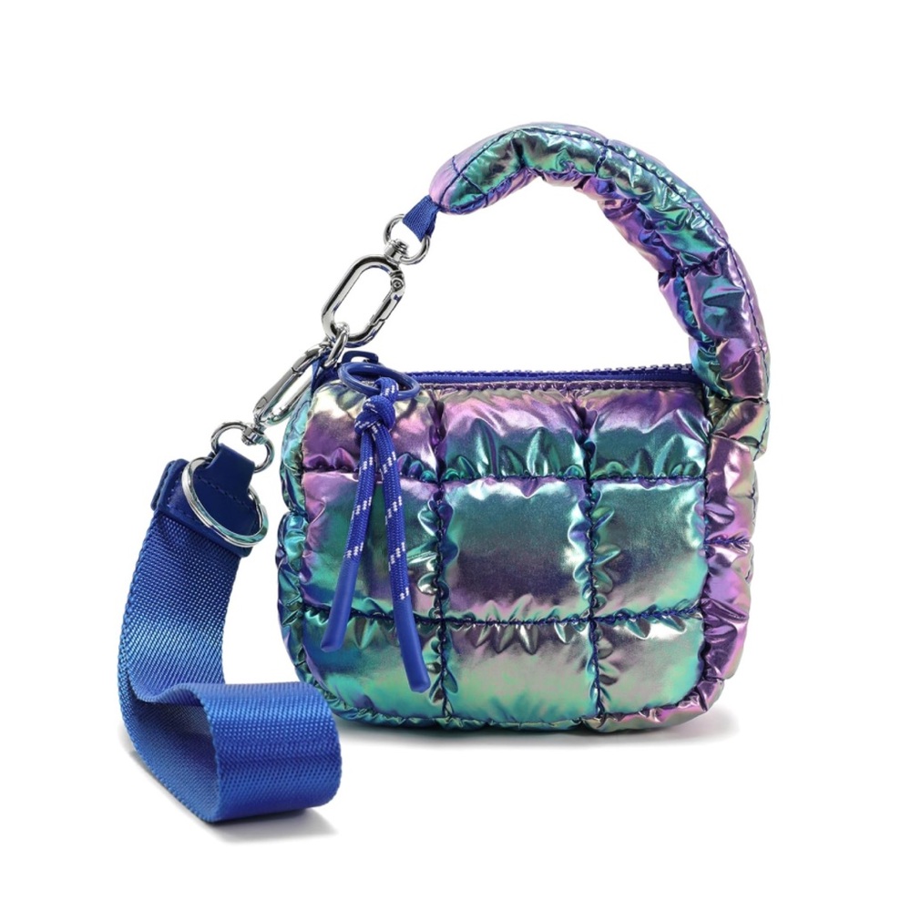 NWT Iridescent Micro Mini Puffer Quilted Wristlet Bag Charm Blue Purple